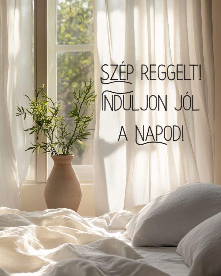 Szép reggelt üzenet induljon jól a napod felirattal. Világos hálószoba a háttérben, lengedező fehér függönyökkel, nagy agyagvázában bambusz.