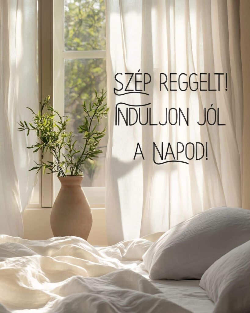 Szép reggelt üzenet induljon jól a napod felirattal. Világos hálószoba a háttérben, lengedező fehér függönyökkel, nagy agyagvázában bambusz.