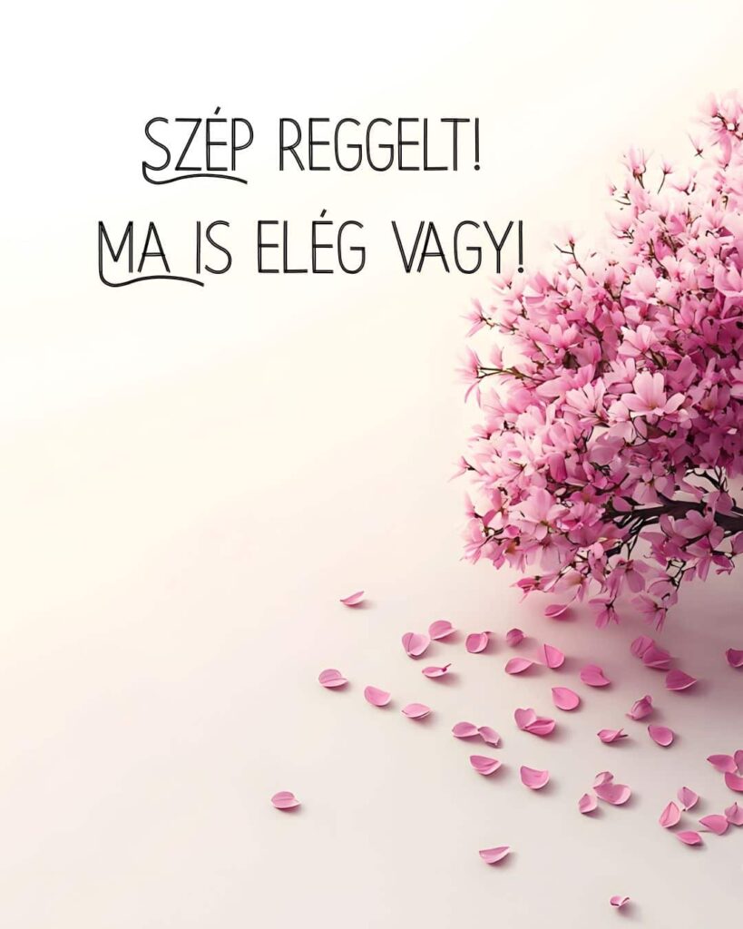 Szép reggelt, ma is elég vagy üzenet. A háttérben vajszínű asztalra szórt rózsaszín virágszirmok.