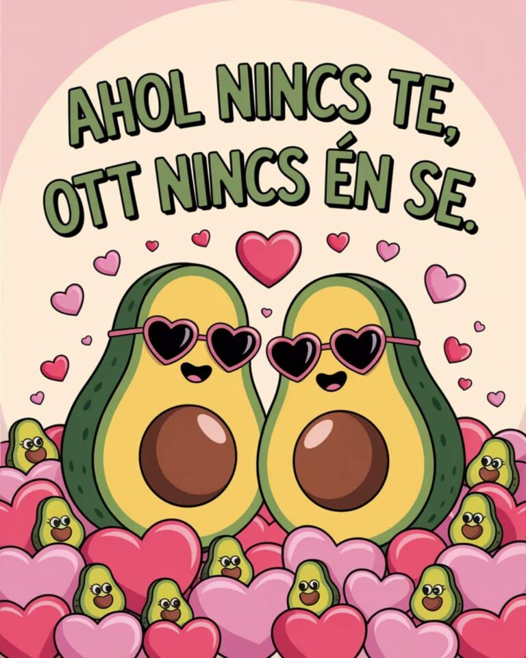 Vicces Szerelmes, valentin napi üzenet ahol nincs te, ott nincs én se felirattal, avokádók napszeművegben, sok szív és kicsi avokádó.