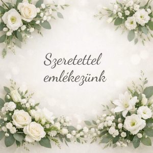 szeretettel emlékezünk felirat klasszikus fehér virágos koszorú háttéren