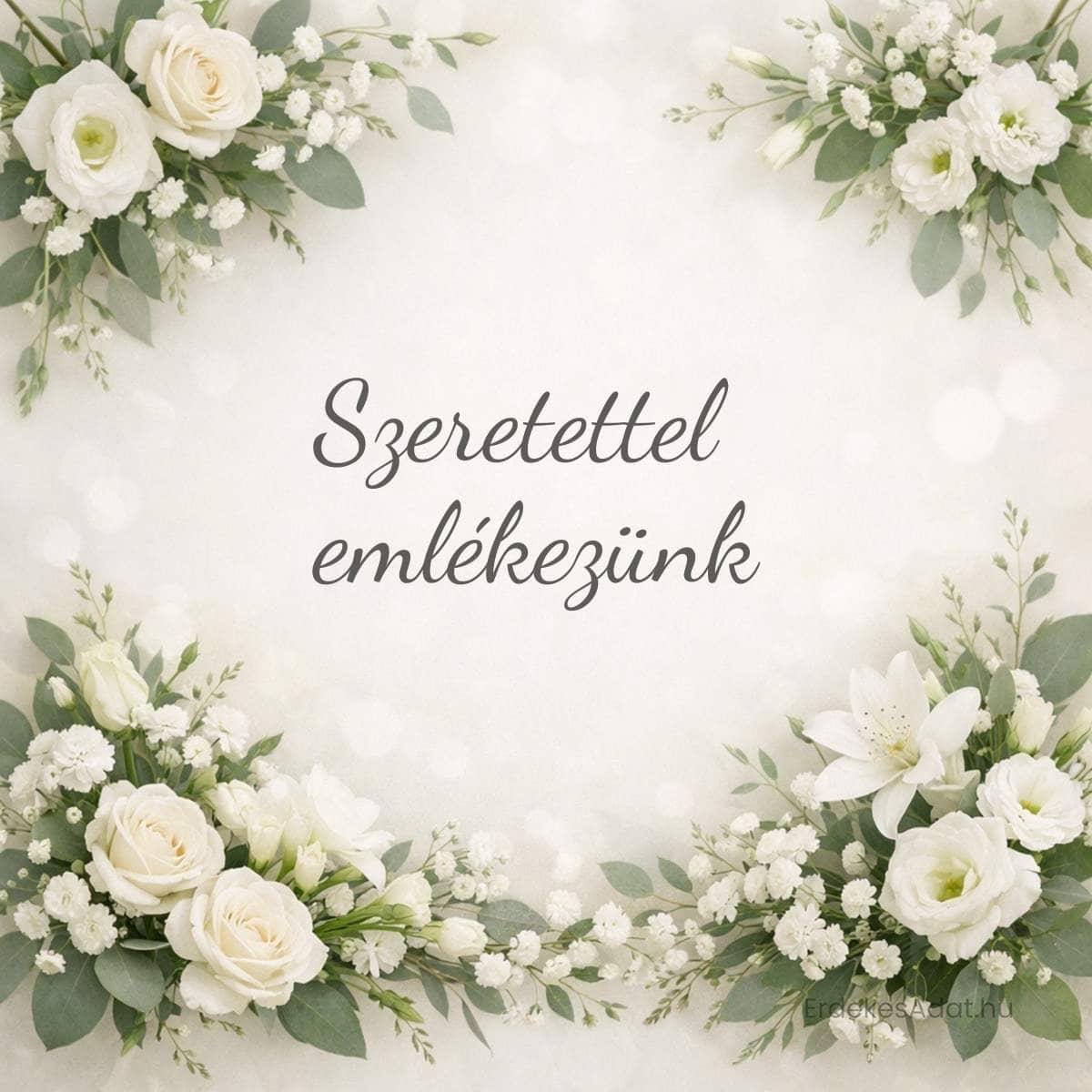 szeretettel emlékezünk felirat klasszikus fehér virágos koszorú háttéren