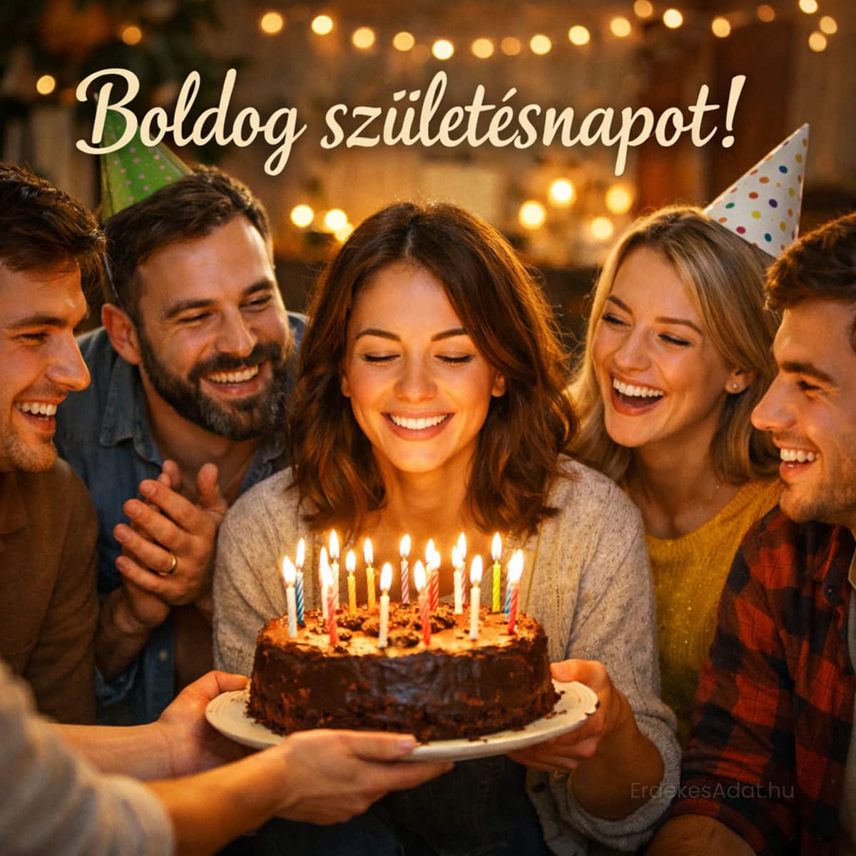 baráti születésnapi ünneplés tortával boldog születésnapot felirattal