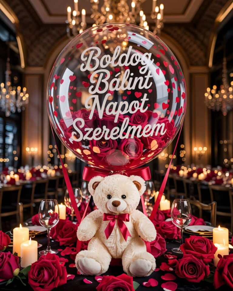 Bálint napi szerelmes kép meleg hangulatban, fehér plüssmackó, lufi, rózsák, gyertyák, ünnepélyes stílus, Boldog Bálint Napot Szerelmem felirat