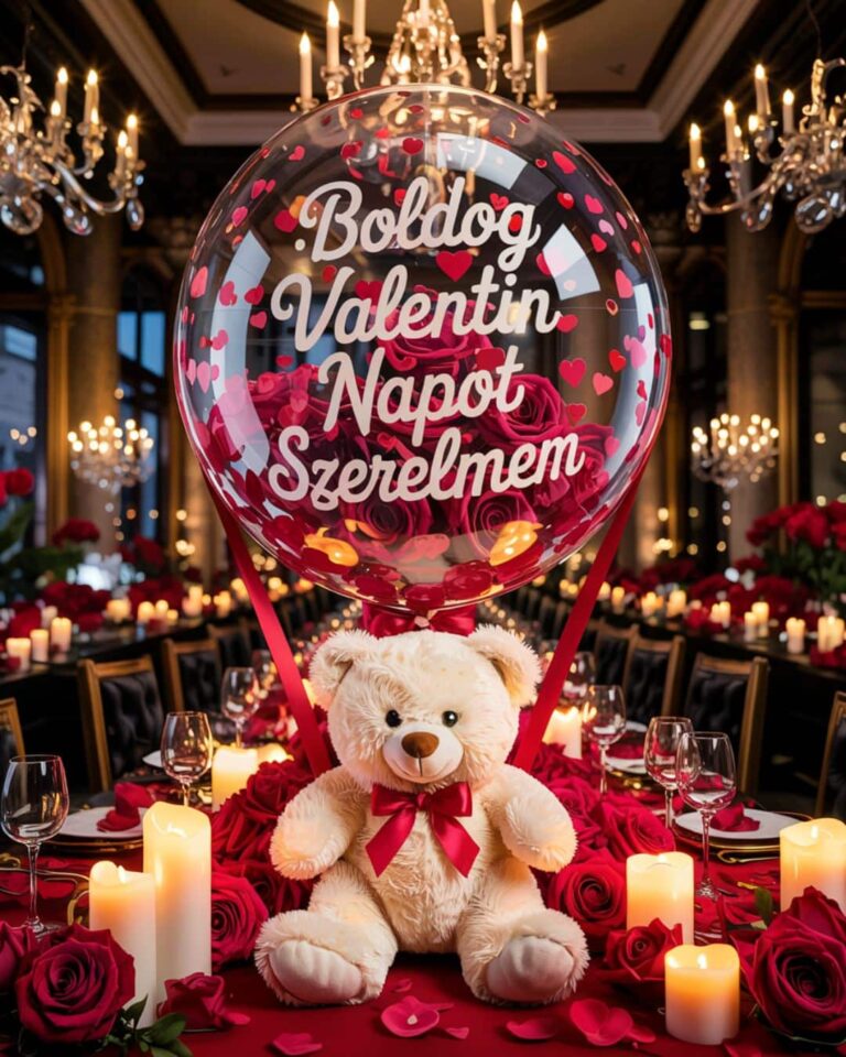 Valentin napi szerelmes kép meleg hangulatban, fehér plüssmackó, lufi, rózsák, gyertyák, ünnepélyes stílus, Boldog Bálint Napot Szerelmem felirat