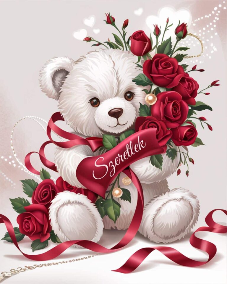 Valentin napi képeslap plüss mackóval, szeretlek felirat