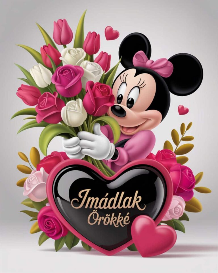 Valentin napi szerelmes képeslap, rózsa és tulipán, imádlak örökké felirat, Mickey Minnie egér