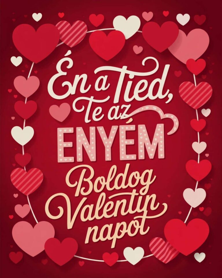 Valentin napi vers szerelmes képeslap piros romantikus színekkel, Én a tied, te az enyém, Boldog Valentin napot felirat.