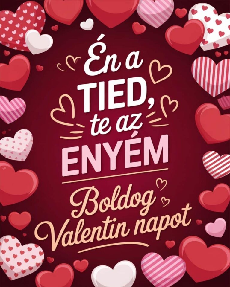 Valentin napi vers, szerelmes képeslap, piros szív héttér, romantikus színekkel, Én a tied, te az enyém, Boldog Valentin napot felirat.