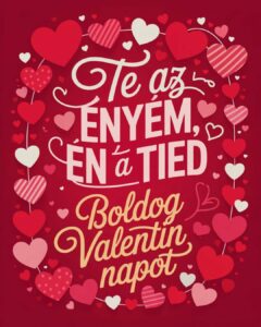 Valentin napi verses képeslap, piros szív héttér, romantikus színekkel, Te az enyém, én a tied, Boldog Valentin napot felirat.