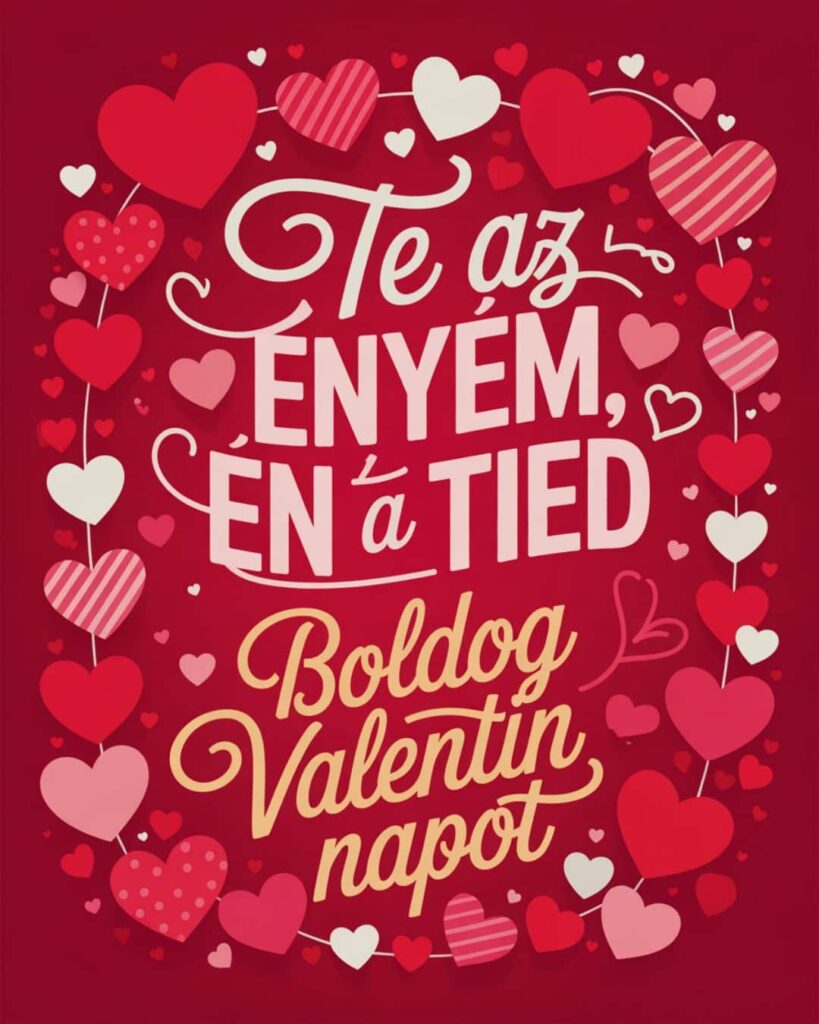 Valentin napi verses képeslap, piros szív héttér, romantikus színekkel, Te az enyém, én a tied, Boldog Valentin napot felirat.