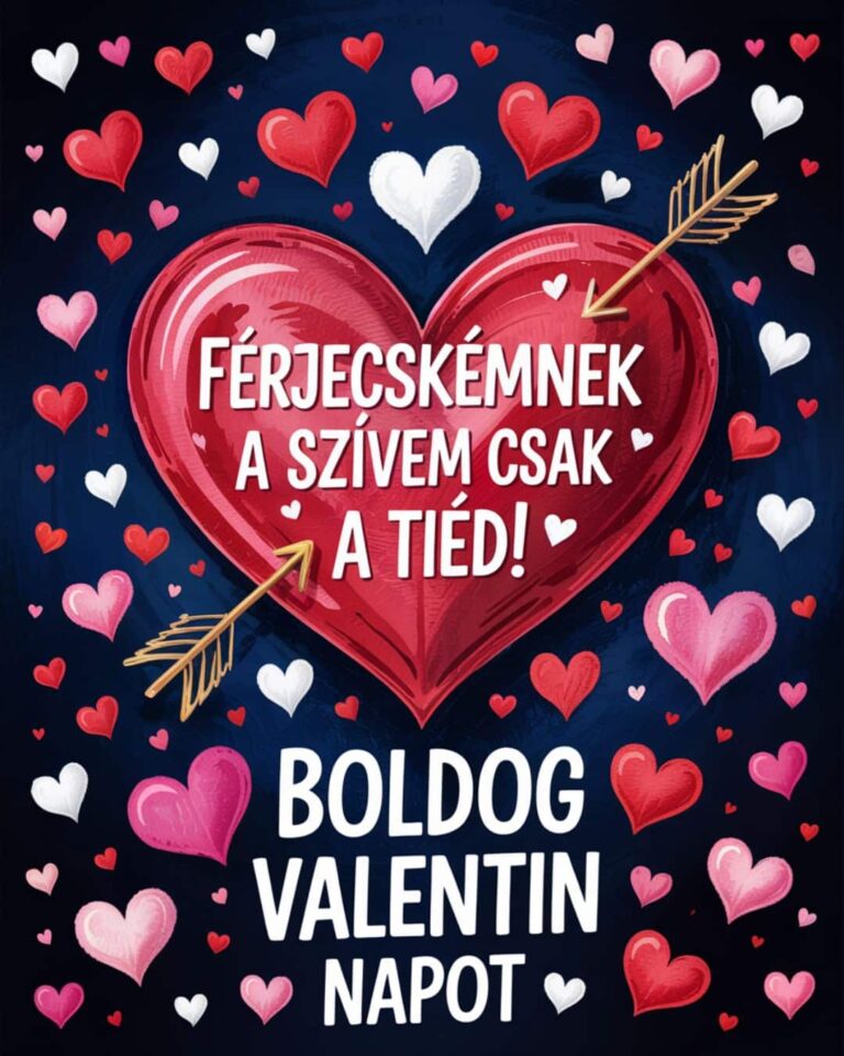Vicces, vidám Valentin napi üdvözlet szerelmes pároknak, sötétkék szívecskés dekoráció, Férjecskémnek a szívem csak a tiéd! Boldog Valentin napot felirat