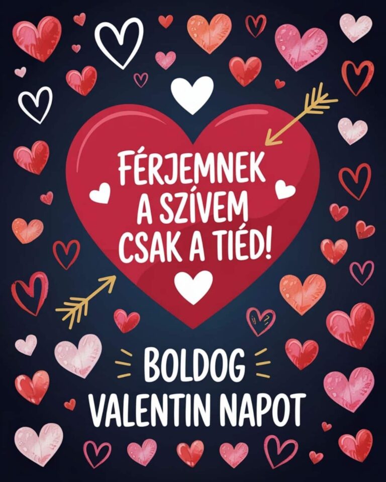 Vicces, vidám Valentin napi üdvözlet szerelmes pároknak, sötétkék szívecskés dekoráció, Férjemnek a szívem csak a tiéd! Boldog Valentin napot felirat