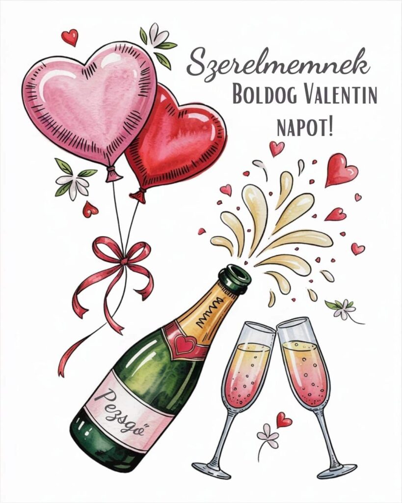 Valentin napi romantikus képeslap, Szerelmemnek Boldog Valentin napot idézettel, pezsgő és poharak