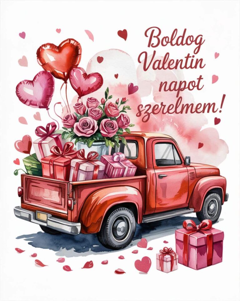 Valentin napi romantikus képeslap vintage dizájnnal, Boldog Valentin napot szerelmem felirat, piros autó, lufi és ajándékdobozok a háttérben