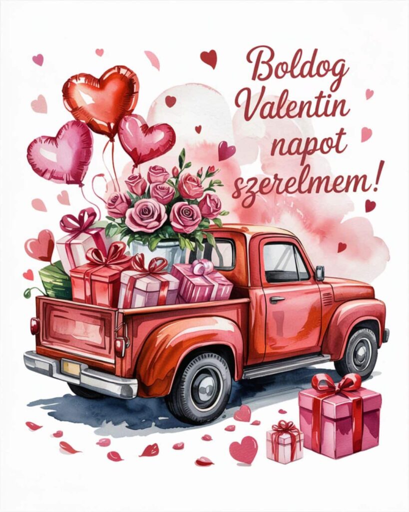 Valentin napi romantikus képeslap vintage dizájnnal, Boldog Valentin napot szerelmem felirat, piros autó, lufi és ajándékdobozok a háttérben