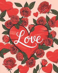 Romantikus szerelmes képeslap egyszerű dizájnnal, love felirat rózsák között