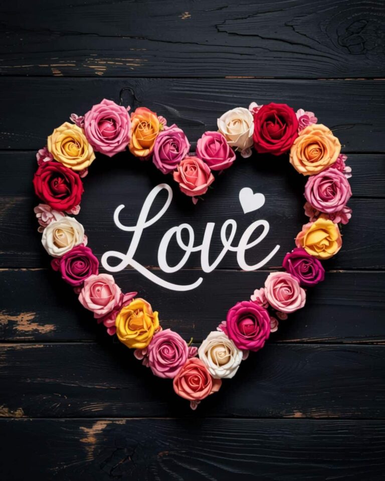 Valentin napot képeslap romantikus dizájnnal, szív alakban rózsák, középen love felirat