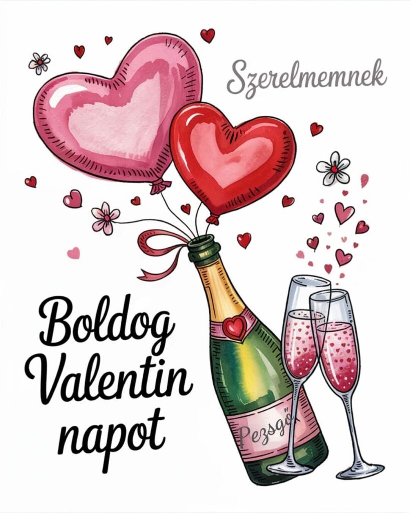 Valentin napi romantikus képeslap, Boldog valentin napot idézettel, pezsgő és poharak