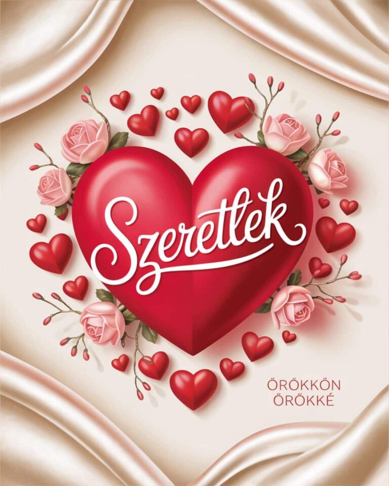 Valentin napi romantikus képeslap, szerelmes üzenet, nagy piros szíven szeretlek felirat, örökkön örökké