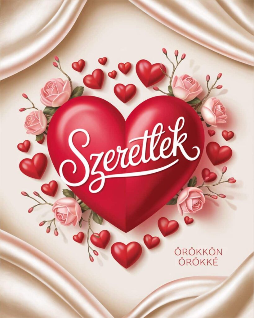 Valentin napi romantikus képeslap, szerelmes üzenet, nagy piros szíven szeretlek felirat, örökkön örökké