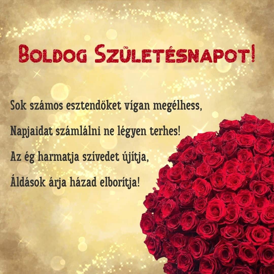 Verses születésnapi köszöntő rózsákkal és „Boldog születésnapot” felirattal