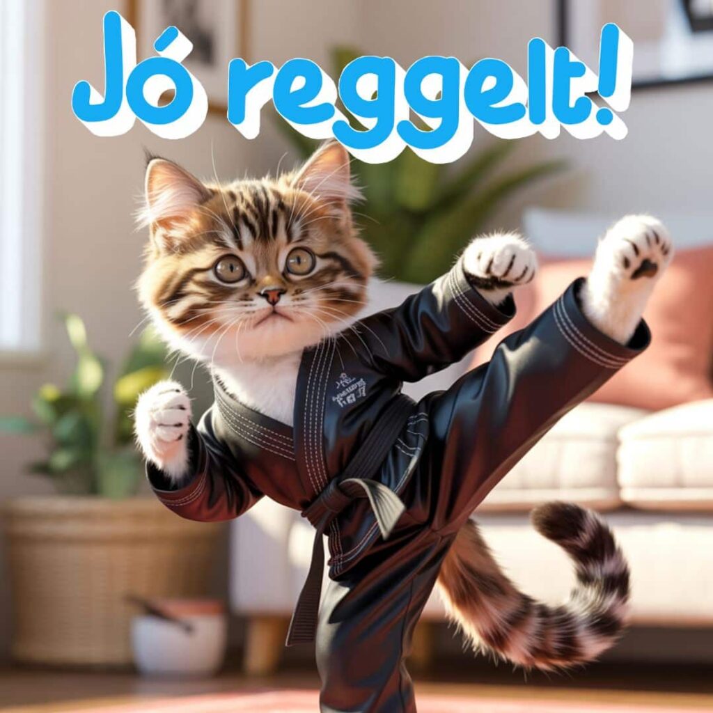 Vicces karatézó macska jó reggelt felirattal