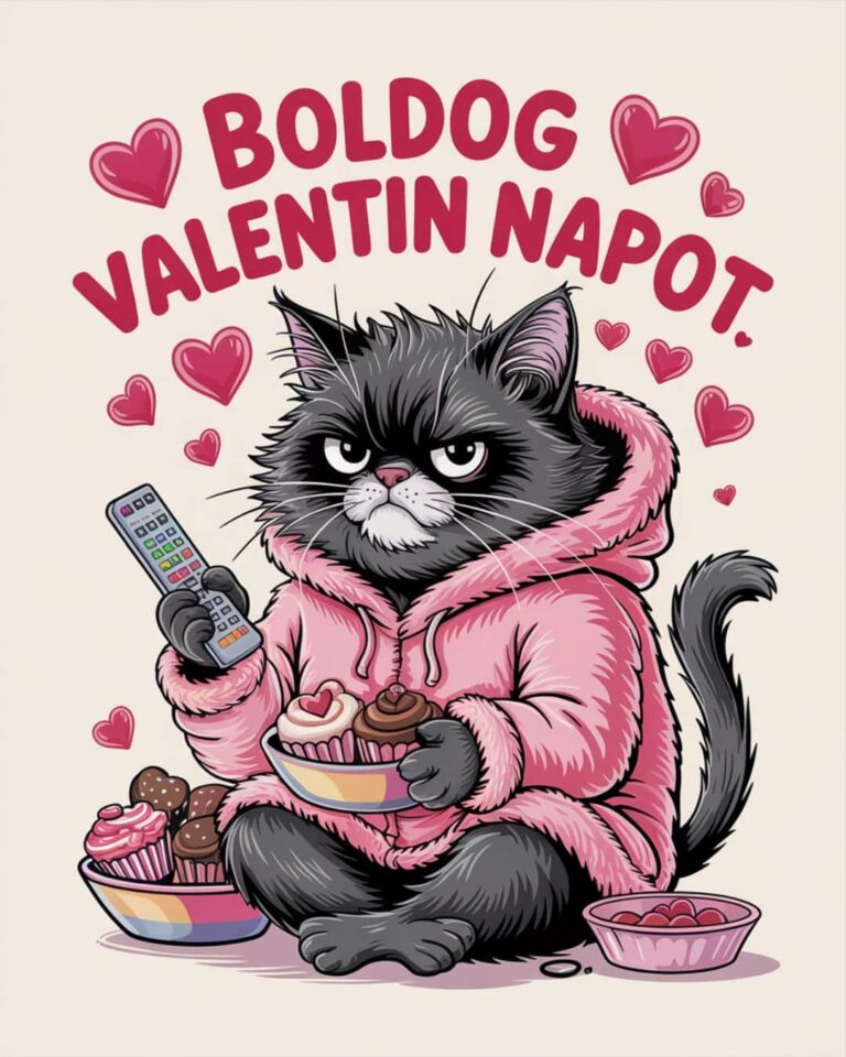 Vicces macskás kép, sütivel és tv távirányítóval, a magányos kövér macska boldog valentin napot kíván.