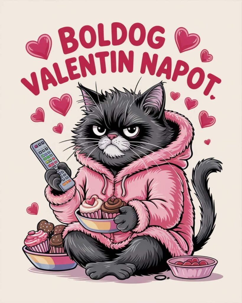 Vicces macskás kép, sütivel és tv távirányítóval, a magányos kövér macska boldog valentin napot kíván.