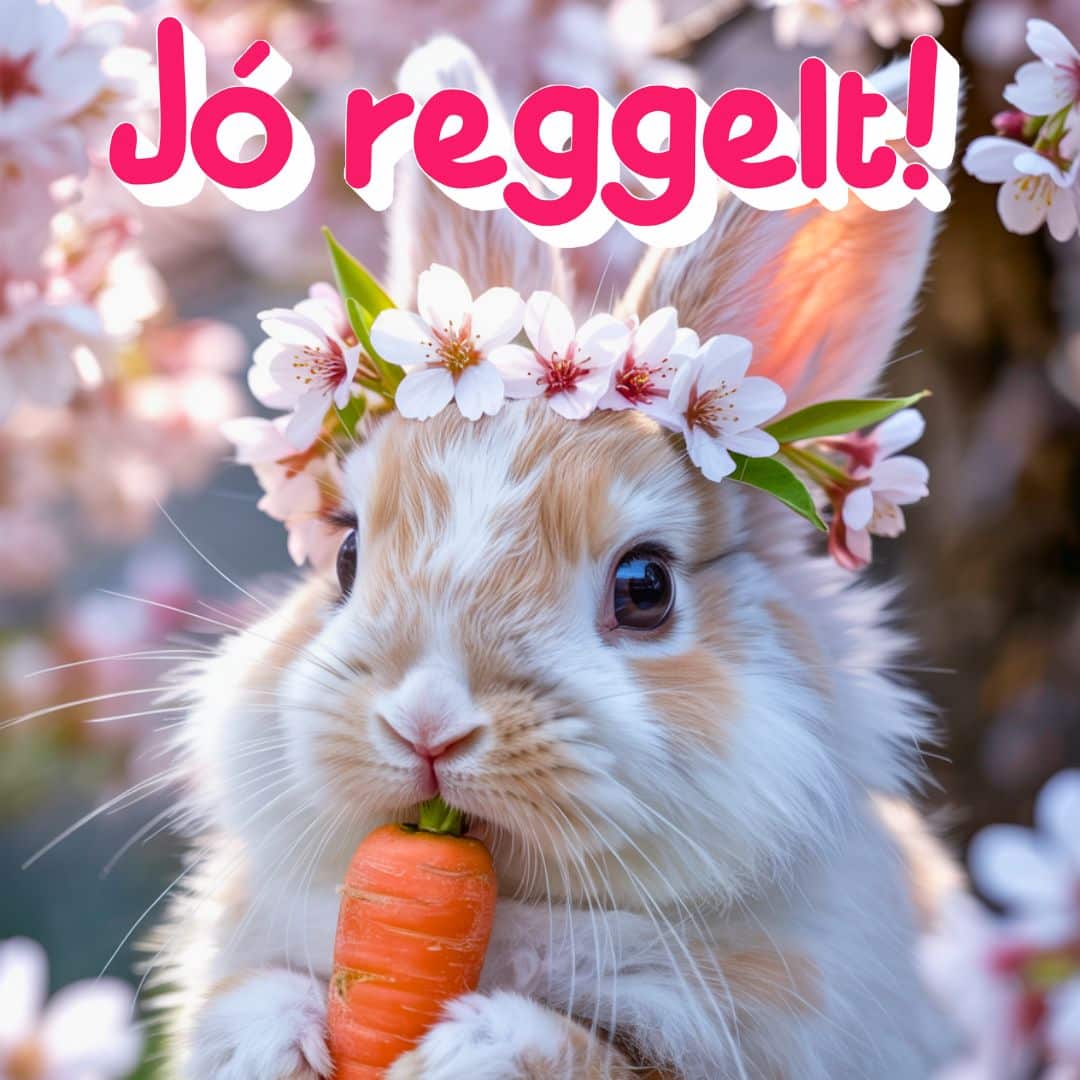 Virágos nyuszi jó reggelt felirattal, tavaszi hangulatban