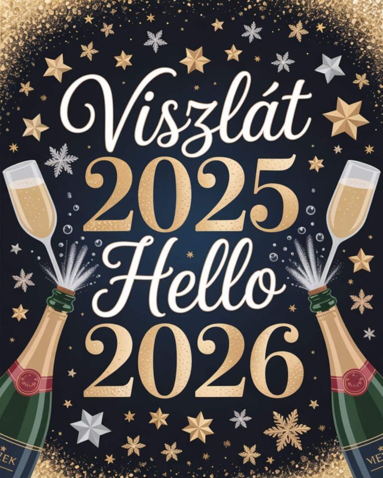 Újévi köszöntő viszlát 2025 hello 2026 felirattal. Elegáns fekete háttér, pezsgő, pezsgőspohár, csillagok. BÚÉK