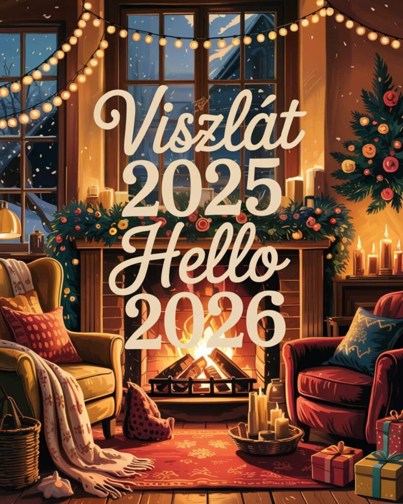 Újévi köszöntő viszlát 2025 hello 2026 felirattal. Otthonos, meghitt hangulatú háttér kandallóval. Boldog új évet kívánok. BÚÉK