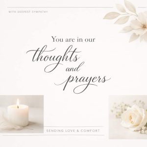 you are in our thoughts and prayers sympathy message with candle and soft floral background